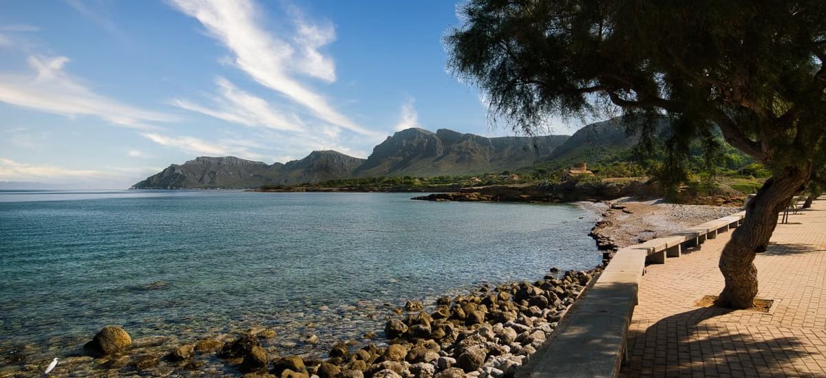 Beautiful coastal view from the promenade in Colonia de Sant Pere, Majorca, Spain.
